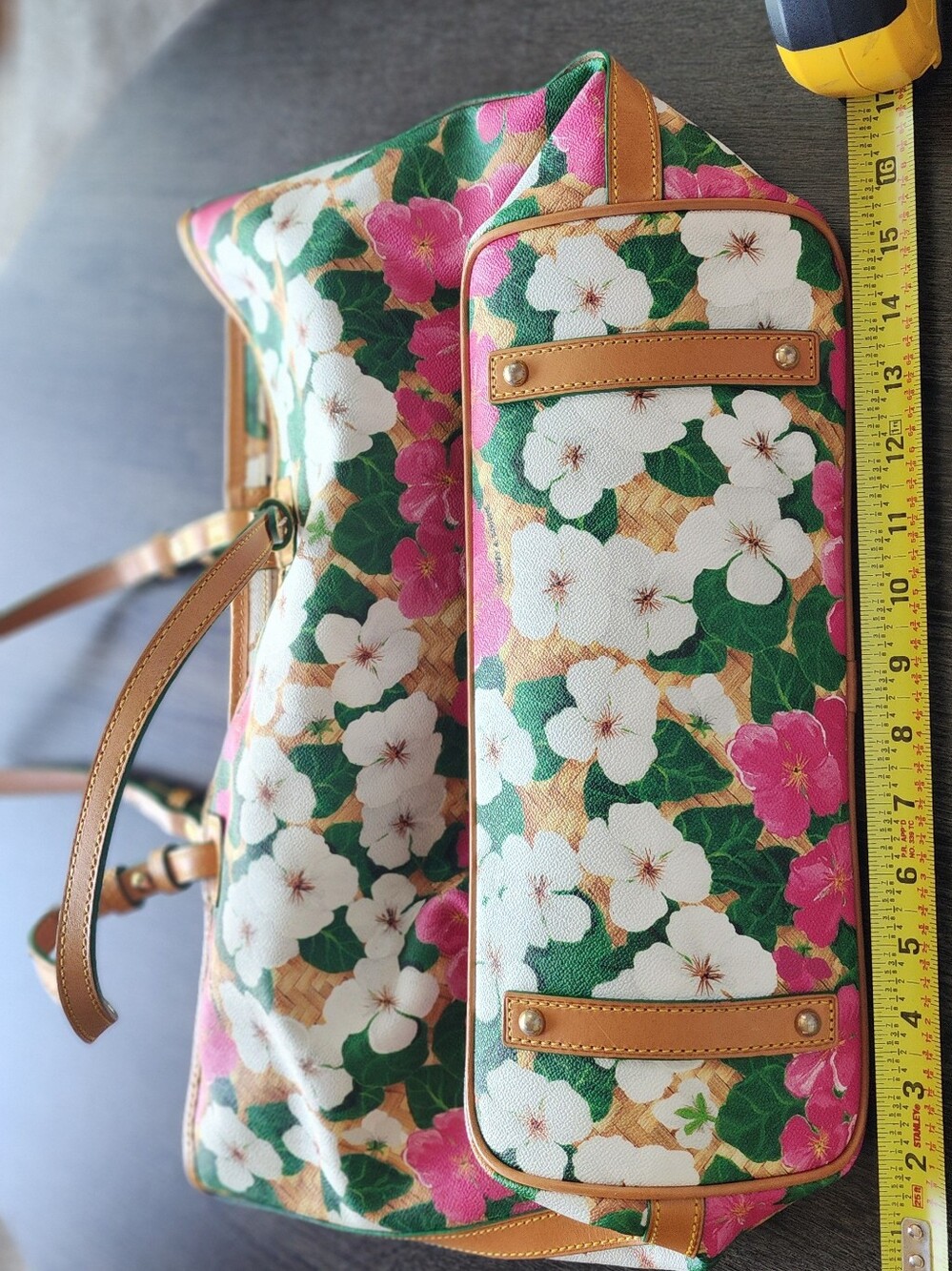 DOONEY & BOURKE NEW Coated Cotton Pansy Shopper Tan Leather Straps - Picture 12 of 15